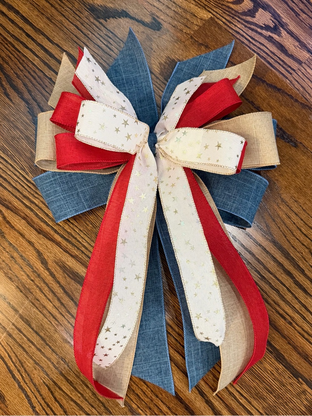 Patriotic Layered Burlap and Ribbon Bow - Red, Blue, Natural